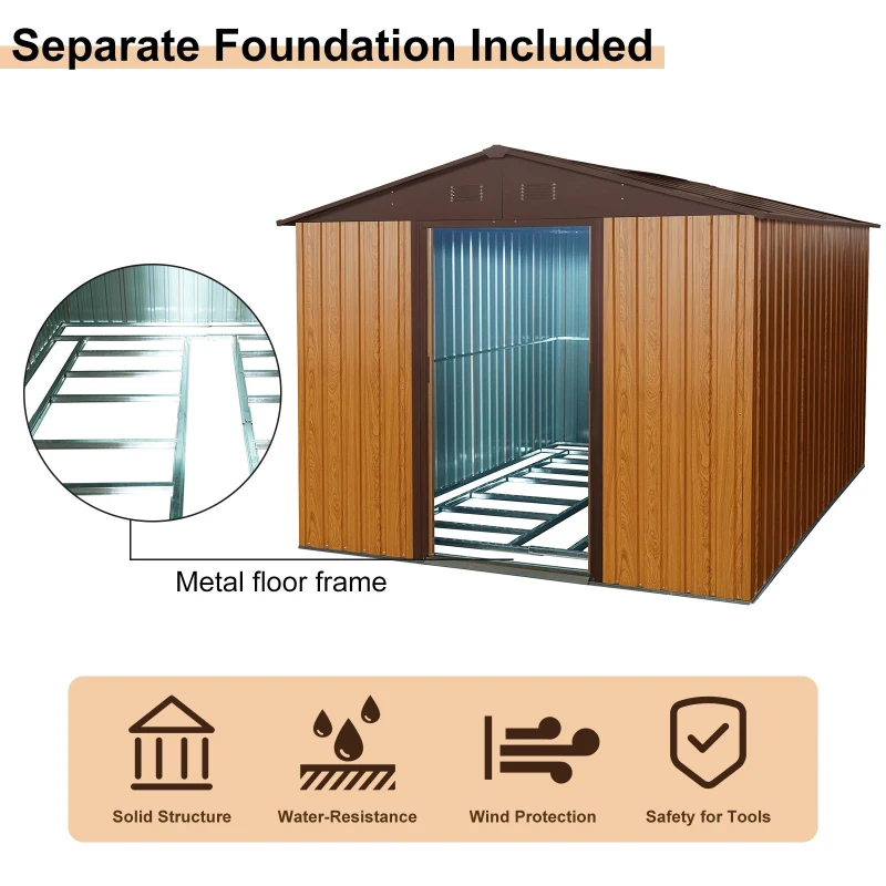8 x 10 ft Outdoor Metal Storage Shed with Metal Foundation, Sliding Doors, Outbuilding for Garden Hobbyists, 89" L x 114.5" W x 75" H, Coffee