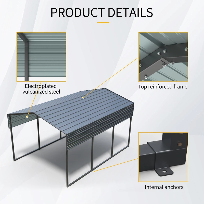 Outdoor Carport with Galvanized Steel Roof and Frame, Heavy Duty Metal Canopy for Driveway, 121'' L x 177.5'' W x 99.5'' H, Charcoal