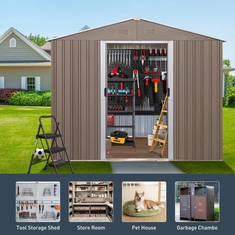 Outdoor Metal Storage Shed with Window and Sliding Doors, Storage Hut with Galvanized Steel Construction, 93'' L x 114.5'' W x 75'' H, Grey