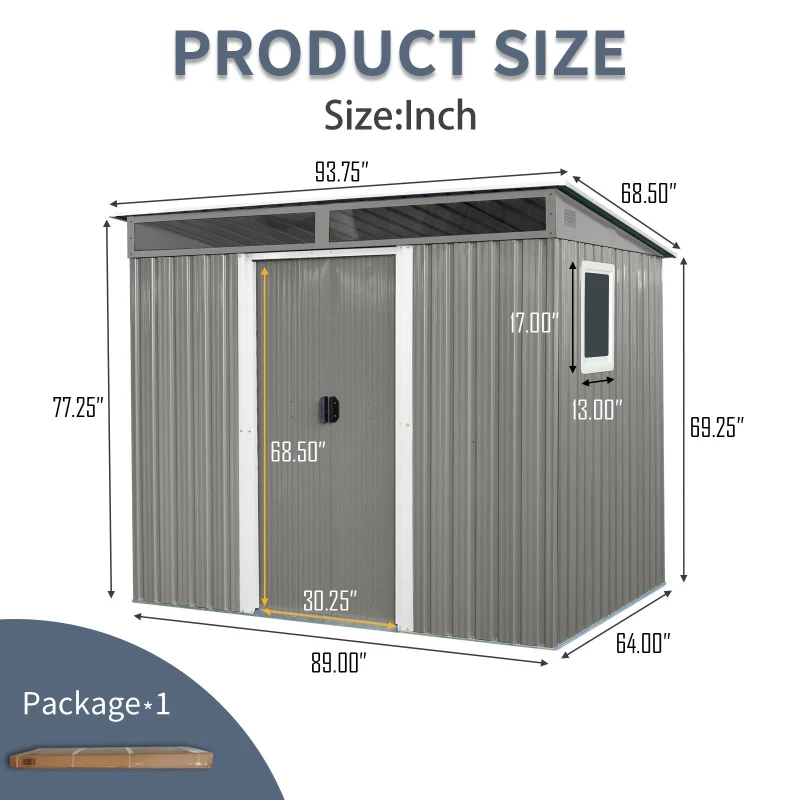 8 x 6 ft Outdoor Weatherproof Metal Storage Shed with Window, Galvanized Steel Tool Room for Garden, 93.5'' L x 68.5'' W x 77'' H, Gray