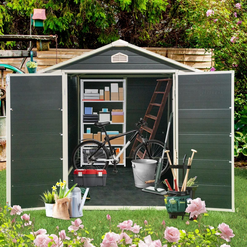 Resin Outdoor Storage Shed Kit with Pad-Lockable Double Doors, Storage Hut with Heavy-Duty Construction, 75'' L x 95.5'' W x 82.5'' H, Black