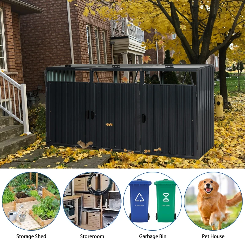 Metal Garbage Bin Shed with Ventilated and Lockable Design, Trash Can Shed Ideal for Outdoor Storage, 94.5'' L x 31.5'' W x 48'' H, Black