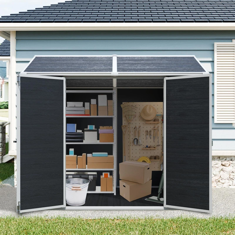 Resin Outdoor Storage Shed with Floor, Lockable Door and Windows, Outbuilding for Garden Hobbyists, 96'' L x 75'' W x 85'' H, Black