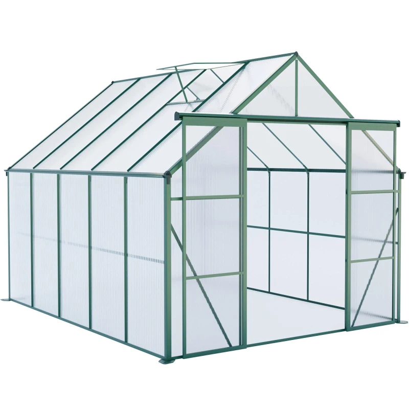 Double Door Polycarbonate Greenhouse with Galvanized Base and Adjustable Roof, Walk-in Hothouse for Plant, 94.5" L x 121" W x 89.5" H, Green