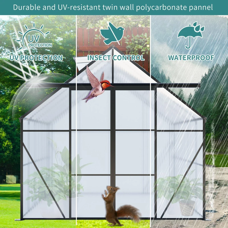 8 x 8 ft Double Door Polycarbonate Greenhouse with Galvanized Base, Walk-in Hothouse for Backyard, 94.5" L x 98" W x 89.5" H, Black