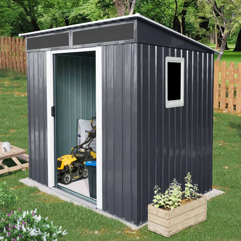 6 x 5 ft Outdoor Metal Storage Shed with Transparent Plate, Galvanized Steel Storage Hut for All-Weather Use, 77'' L x 59.5'' W x 71'' H, Black+White