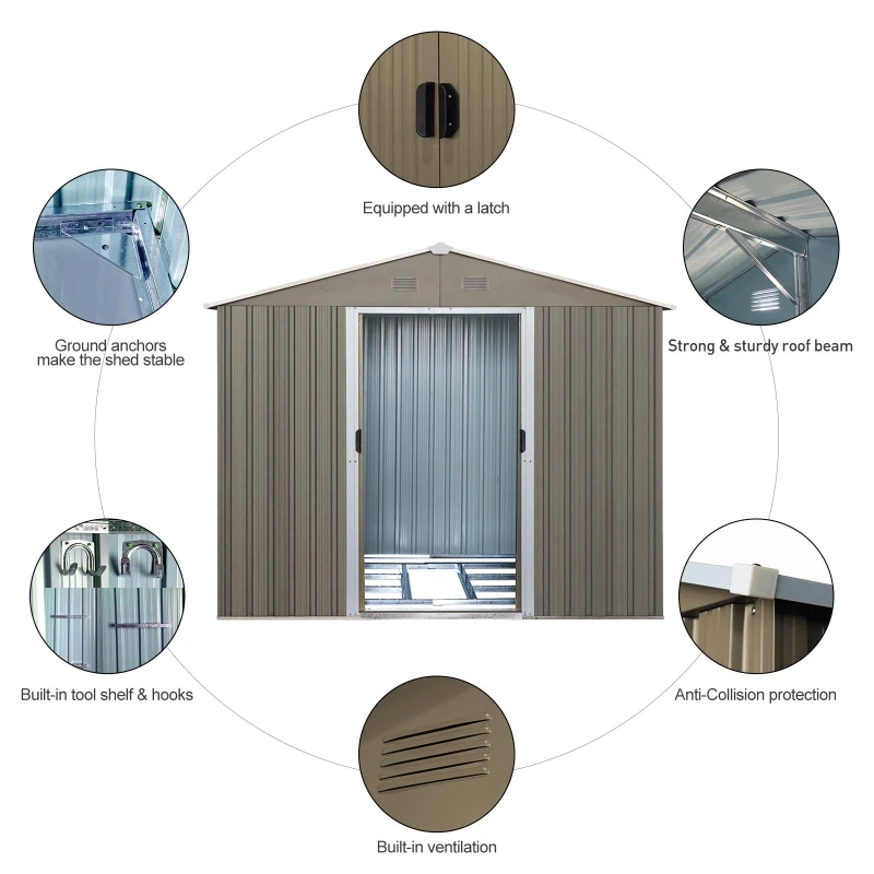 Outdoor Metal Storage Shed with Window and Sliding Doors, Storage Hut with Galvanized Steel Construction, 93'' L x 114.5'' W x 75'' H, Grey