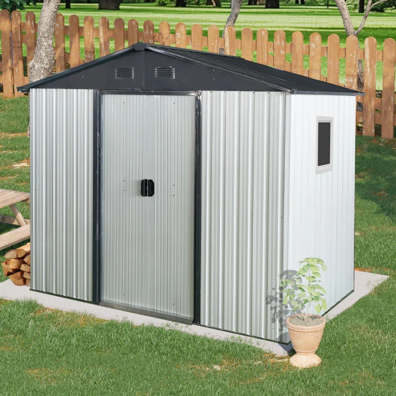 8 x 4 ft Outdoor Metal Storage Shed with Window, Lockable Door, Outbuilding for Garden Hobbyists, 93" L x 52" W x 75" H, White+Black