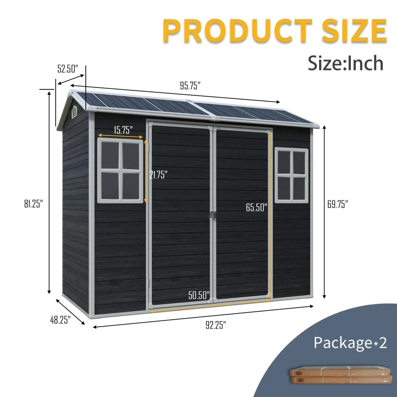 Outdoor Storage Shed with Double-Door and Two Windows, Heavy-Duty Resin Panels, Outbuilding for Backyard, 96" L x 52.5" W x 81" H, Black