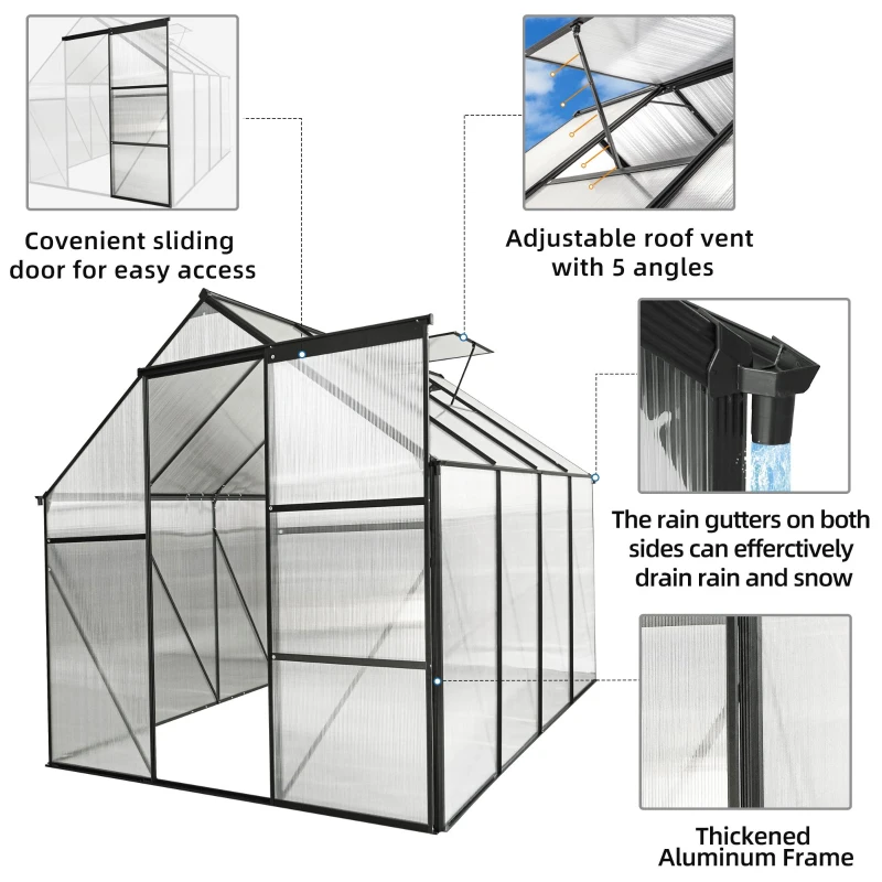 Polycarbonate Walk-in Greenhouse with Sliding Door and Adjustable Roof, Heavy Duty Aluminum Hothouse for Plant, 75" L x 98.5" W x 77" H, Black