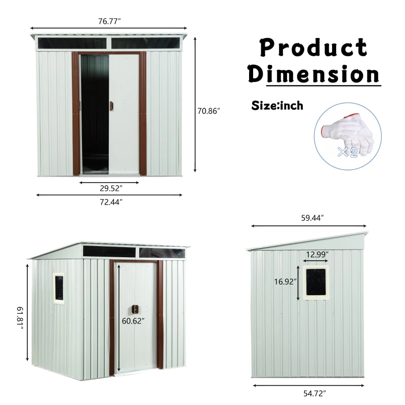 Outdoor Metal Storage Shed with Metal Foundation and Robust Construction, Storage Hut ideal for Backyard, 77'' L x 59.5'' W x 71'' H, White