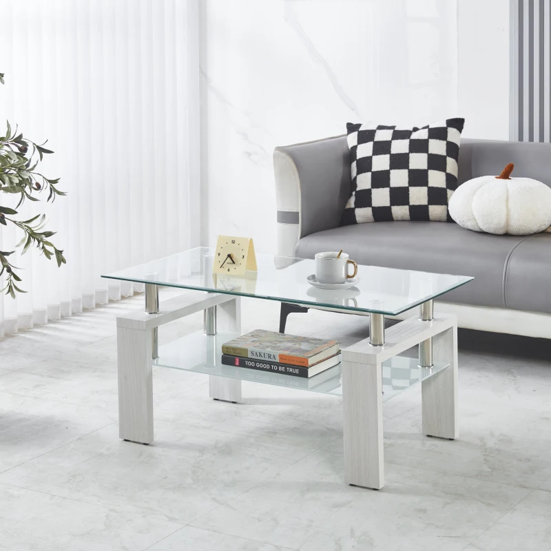 Tempered Glass Coffee Table with Geometric Design, Metal Tubular Legs, Durable Centre Desk for Living Room, 35" L x 19" W x 16.5" H, White