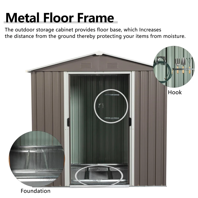 Outdoor Metal Storage Shed with Sliding Doors, Punched Vents, Galvanized Iron Frame, Outbuilding for Backyard, 72.5" L x 47" W x 72.5" H, Grey