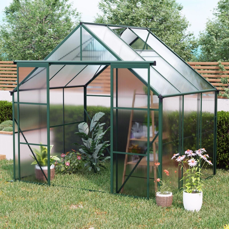 Walk-in Polycarbonate Greenhouse with Double Sliding Doors, Galvanized Base, Heavy Duty Hothouse for Plant, 94.5" L x 74" W x 89.5" H, Green