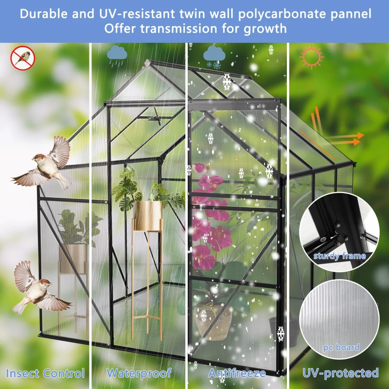 Polycarbonate Walk-in Greenhouse with Sliding Door and Adjustable Roof, Hothouse with Duty Aluminum Frame, 75'' L x 75'' W x 77'' H, Black