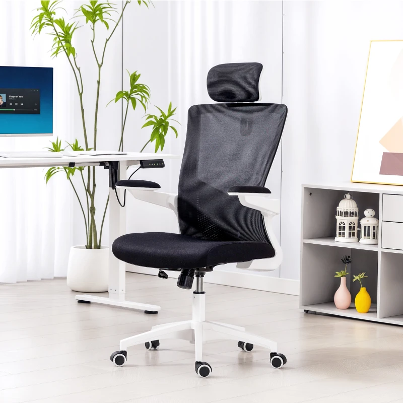 HOMCOM Ergonomic Office Chair, Swivel Desk Chair with Adjustable Lumbar Support, Headrest and Height, Flip-up Armrests, Black