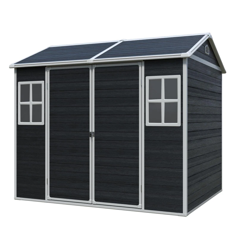 Resin Outdoor Storage Shed with Floor, Lockable Door and Windows, Outbuilding for Garden Hobbyists, 96'' L x 75'' W x 85'' H, Black