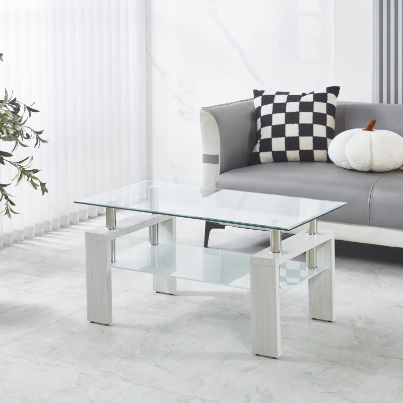 Tempered Glass Coffee Table with Geometric Design, Metal Tubular Legs, Durable Centre Desk for Living Room, 35" L x 19" W x 16.5" H, White