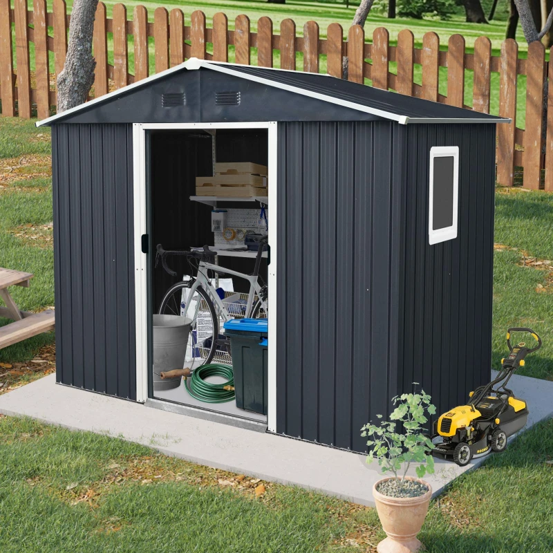 8 x 4 ft Outdoor Metal Storage Shed with Door and Metal Foundation, Storage Hut ideal for Backyard, 93'' L x 51.5'' W x 74.5'' H, Black+White