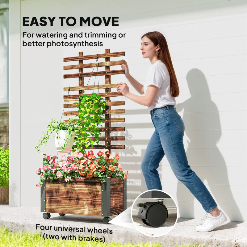 Outsunny Wooden Raised Garden Bed, Planter Box w/ Trellis and Metal Corners, Portable on Wheels for Patio, Backyard, Deck, Brown