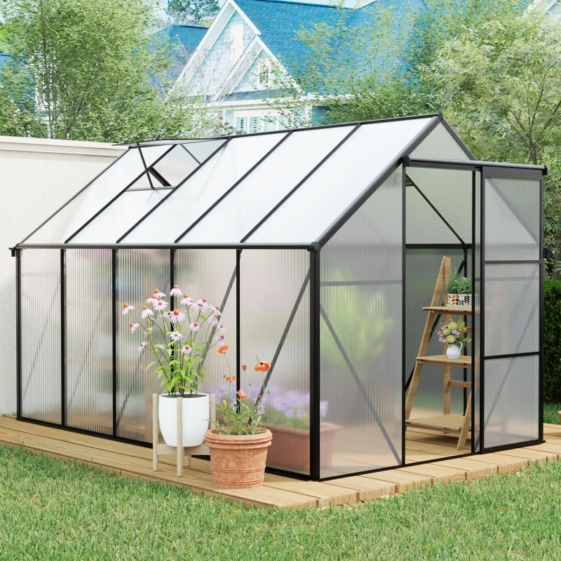 Polycarbonate Walk-in Greenhouse with Galvanized Base and Sliding Door, Heavy Duty Aluminum Hothouse for Plant, 75" L x 122.5" W x 77" H, Black