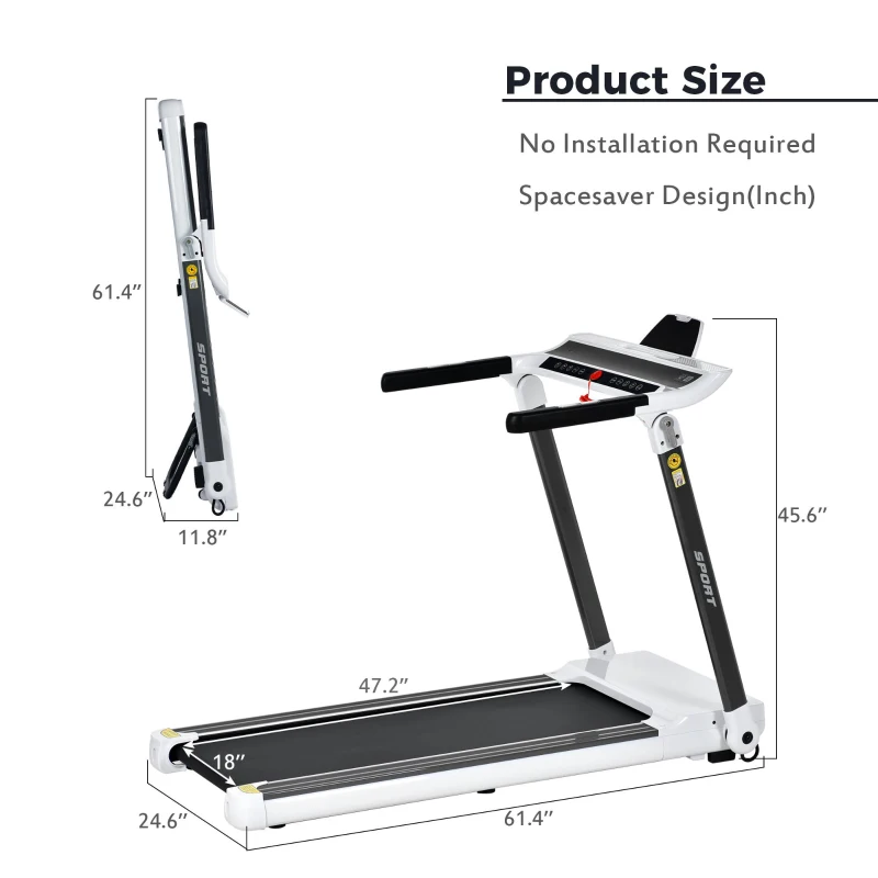 Portable Compact Treadmill with 3.5HP Motor, Bluetooth Speaker, Foldable Running Machine for Home Gym, 61.5" L x 24.5" W x 45.5" H, White