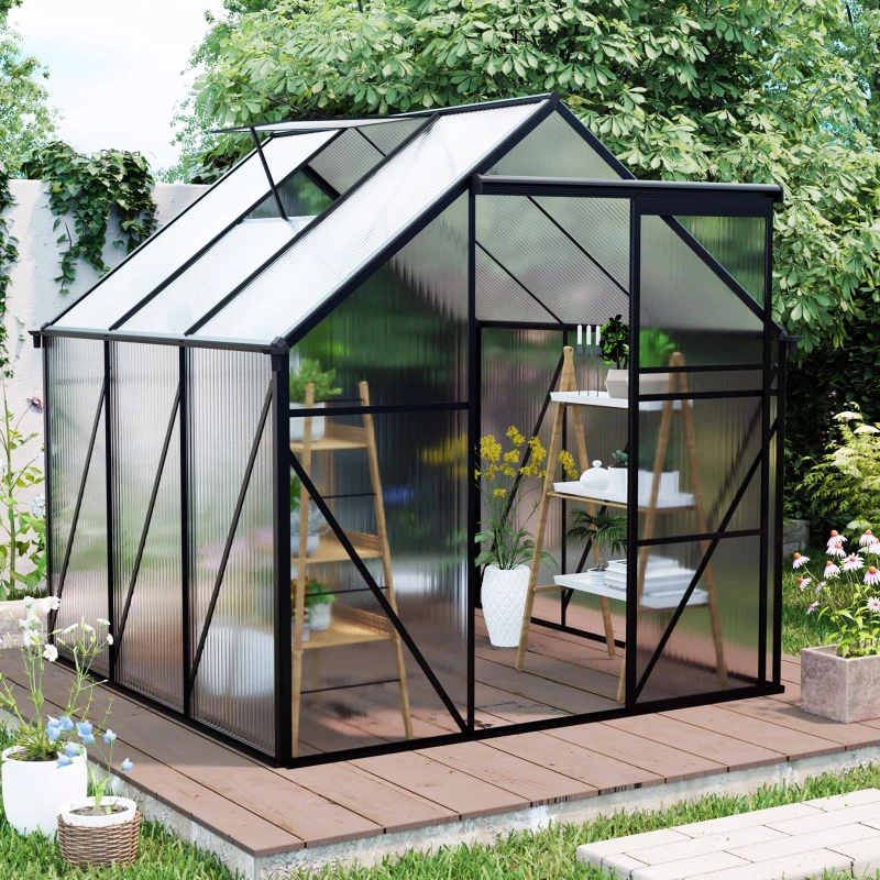 Polycarbonate Walk-in Greenhouse with Sliding Door and Adjustable Roof, Hothouse with Duty Aluminum Frame, 75'' L x 75'' W x 77'' H, Black