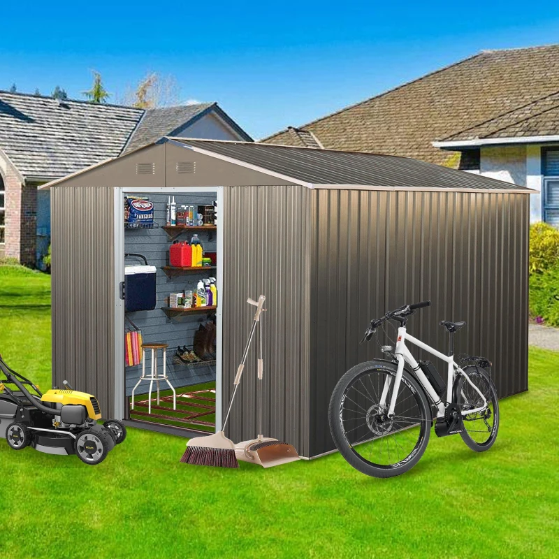 8 x 10 ft Outdoor Metal Storage Shed with Metal Foundation, Sliding Doors, Outbuilding for Garden Hobbyists, 89" L x 114.5" W x 75" H, Gray