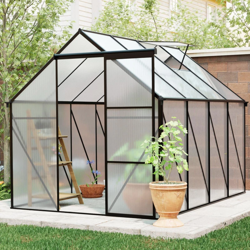 Polycarbonate Walk-in Greenhouse with Sliding Door and Adjustable Roof, Heavy Duty Aluminum Hothouse for Plant, 75" L x 98.5" W x 77" H, Black