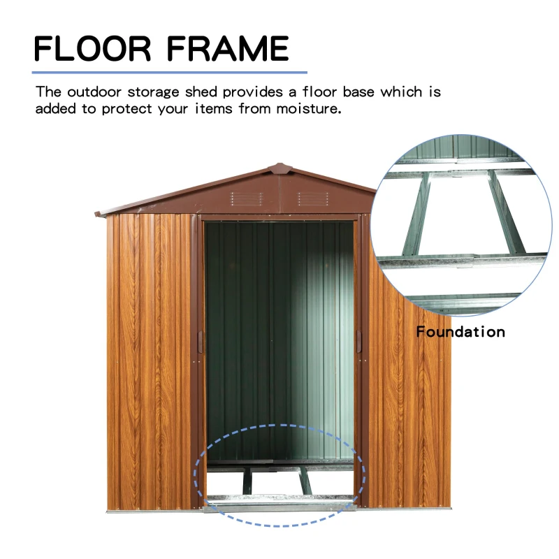 Metal Storage Shed with Sliding Doors and Punched Vents, Outbuilding for Garden Hobbyists, 76.5'' L x 68.5'' W x 72.5'' H, Yellow Brown