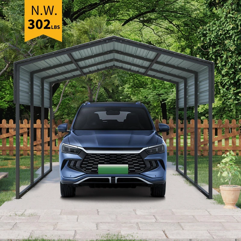 Outdoor Carport with Galvanized Steel Roof and Frame, Heavy Duty Metal Canopy for Driveway, 121'' L x 177.5'' W x 99.5'' H, Charcoal