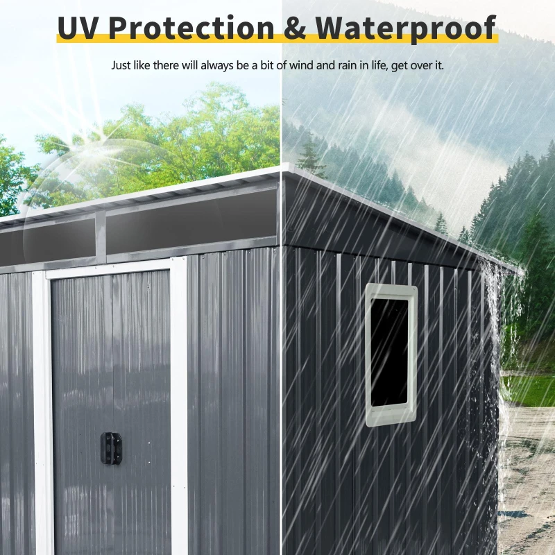 6 x 5 ft Outdoor Metal Storage Shed with Transparent Plate, Galvanized Steel Storage Hut for All-Weather Use, 77'' L x 59.5'' W x 71'' H, Black+White
