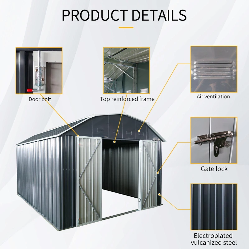 10 x 12 ft Outdoor Metal Storage Shed with Arch Roof and Lockable Double Doors, Outbuilding for Backyard, 118" L x 141" W x 87" H, Black