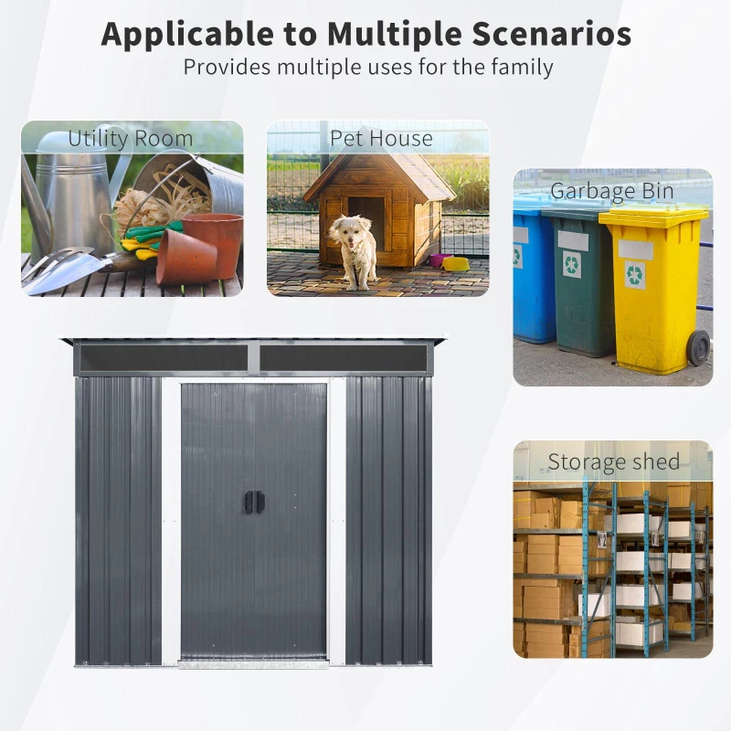 6 x 5 ft Outdoor Metal Storage Shed with Transparent Plate, Galvanized Steel Storage Hut for All-Weather Use, 77'' L x 59.5'' W x 71'' H, Black+White