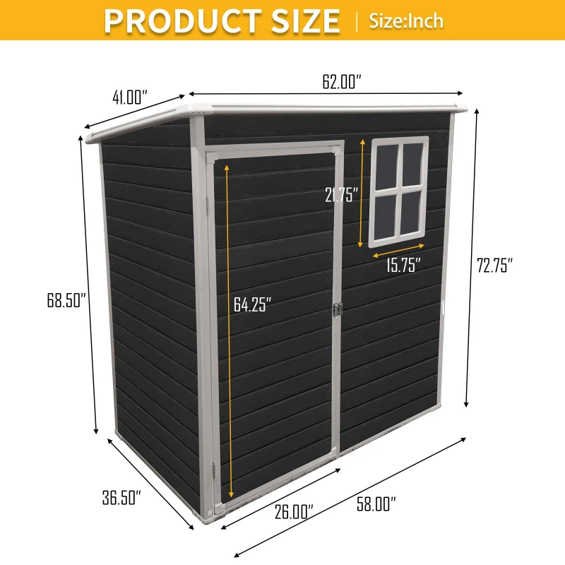 Outdoor Plastic Storage Shed with Floor and Heavy-Duty Resin Panels, Storage Hut with Pad-Lockable Door, 62'' L x 41'' W x 72.5'' H, Black