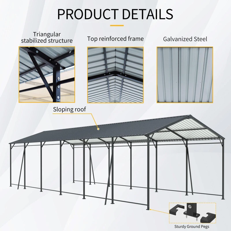 Heavy Duty Metal Carport with Galvanized Steel Roof and Frame, Large Garage with 4 Fixed Supports, 142" L x 379.5" W x 106" H, Charcoal