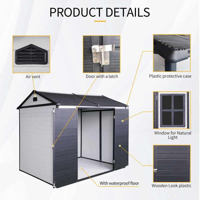 Resin Outdoor Storage Shed with Floor, Lockable Door and Windows, Outbuilding for Garden Hobbyists, 96'' L x 75'' W x 85'' H, Grey+White