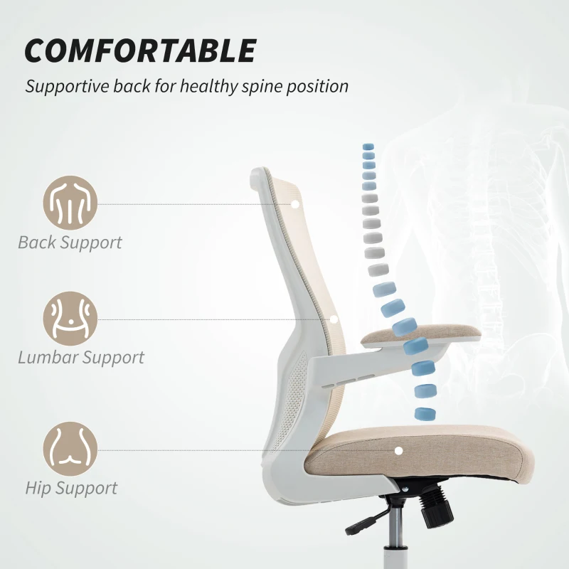 HOMCOM Ergonomic Office Chair, Swivel Desk Chair with Adjustable Lumbar Support and Height, Flip-up Armrests, Wheels, Beige