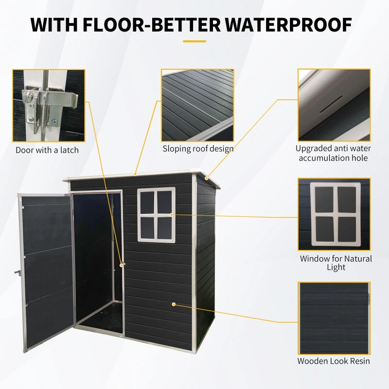 Outdoor Plastic Storage Shed with Floor and Heavy-Duty Resin Panels, Storage Hut with Pad-Lockable Door, 62'' L x 41'' W x 72.5'' H, Black