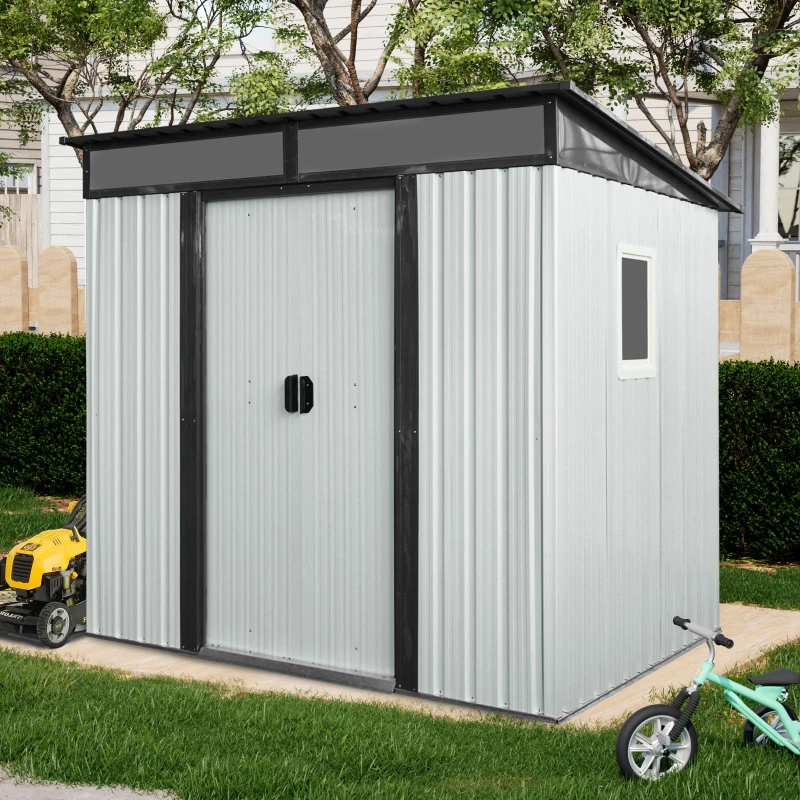 6 x 5 ft Outdoor Metal Storage Shed with Transparent Plate, Galvanized Steel Storage Hut for All-Weather Use, 77'' L x 59.5'' W x 71'' H, White+Black