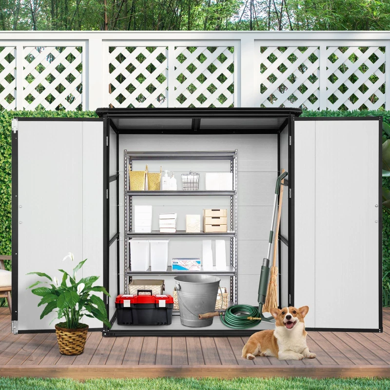 5 x 3 ft UV-Resistant Outdoor Storage Shed with Lockable Doors, Waterproof Resin Cabinet for Backyard, 57" L x 37.5" W x 64" H, Beige+Black