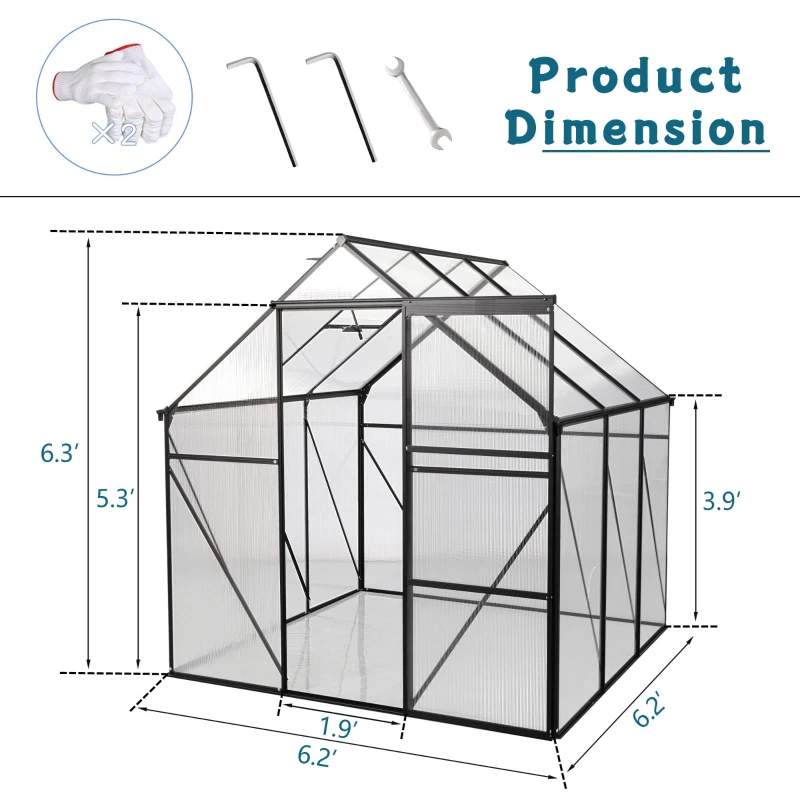 Polycarbonate Walk-in Greenhouse with Sliding Door and Adjustable Roof, Hothouse with Duty Aluminum Frame, 75'' L x 75'' W x 77'' H, Black