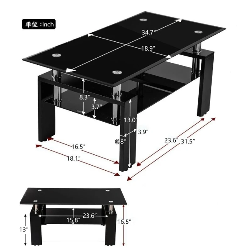 Tempered Glass Coffee Table with Geometric Design, Metal Tubular Legs, Durable Centre Desk for Living Room, 35" L x 19" W x 16.5" H, Black