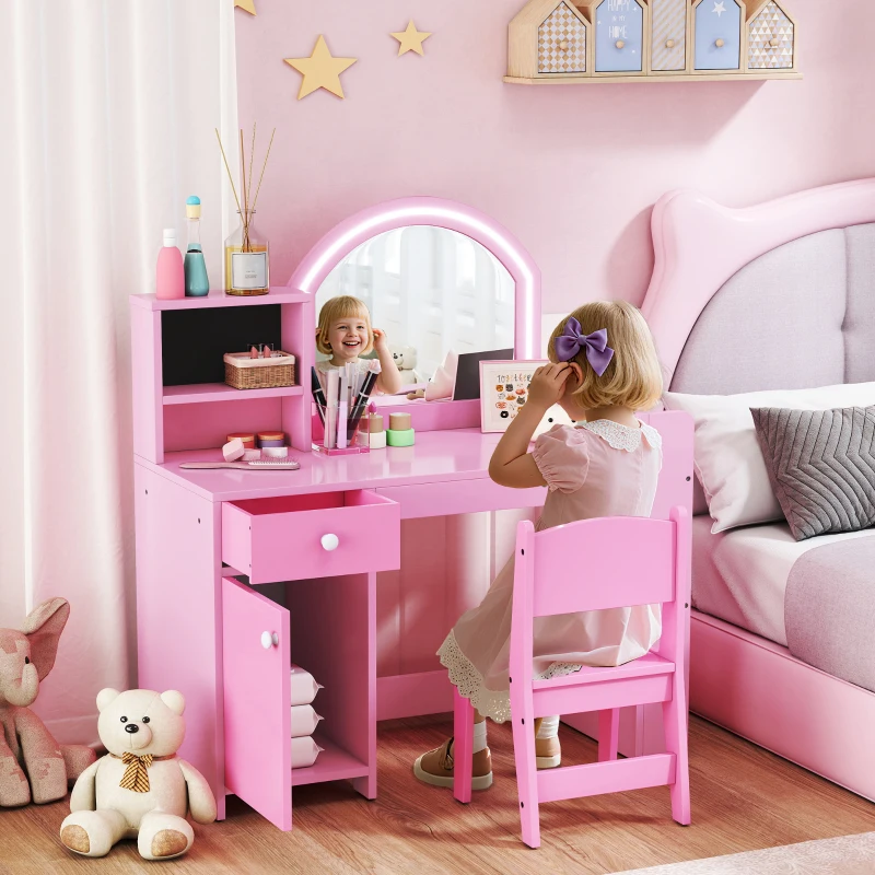 Qaba Kids Vanity Set, Toddler Dressing Table and Chair Set with Lighted Mirror, Cabinet, Drawer and Shelves, Pink