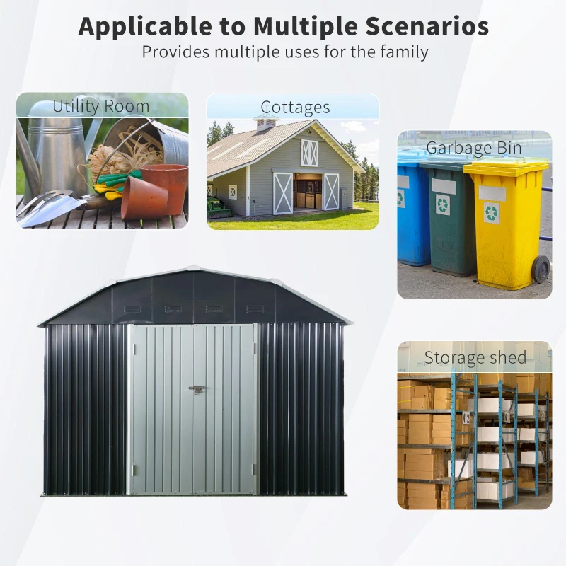 10 x 12 ft Outdoor Metal Storage Shed with Arch Roof and Lockable Double Doors, Outbuilding for Backyard, 118" L x 141" W x 87" H, Black
