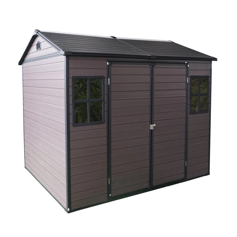 Resin Outdoor Storage Shed with Floor, Lockable Door and Windows, Outbuilding for Garden Hobbyists, 96'' L x 75'' W x 85'' H, Brown