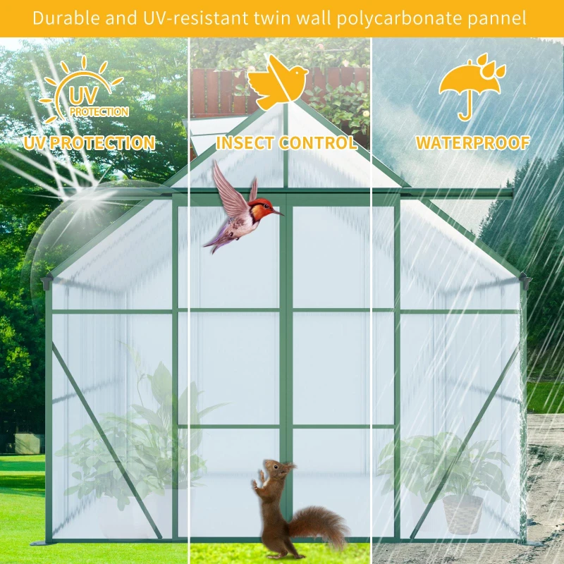 Double Door Polycarbonate Greenhouse with Galvanized Base and Adjustable Roof, Walk-in Hothouse for Plant, 94.5" L x 121" W x 89.5" H, Green