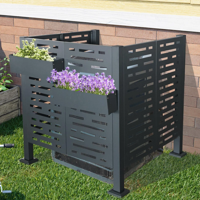 Metal Air Conditioner Privacy Fence Cover with Flower Boxes, Privacy Shield Perfect for Air Conditioner Units, 42'' L x 42'' W x 45'' H, Charcoal
