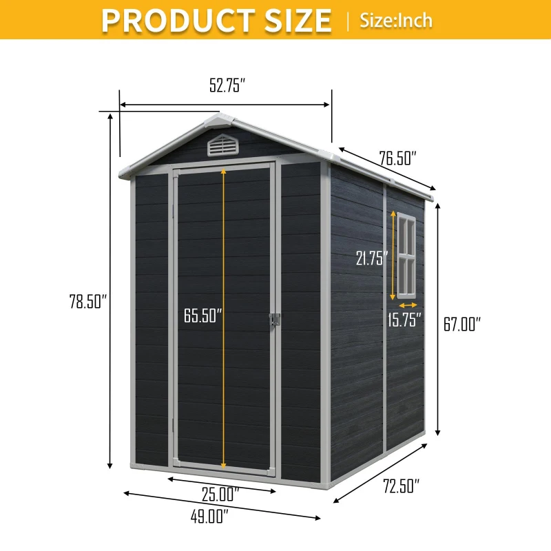 Outdoor Plastic Storage Shed with Floor and Heavy-Duty Resin Panels, Storage Hut with Pad-Lockable Door, 52.5'' L x 76.5'' W x 78.5'' H, Black