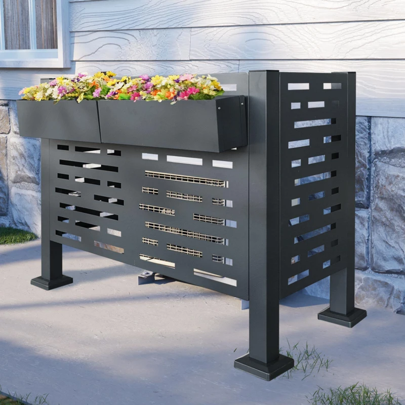 Outdoor Metal Privacy Fence Cover with 3 Concealment Panels, Privacy Shield Perfect for Air Conditioner Units, 46'' L x 22'' W x 35'' H, Charcoal